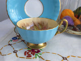 Signed Turquoise Cup And Saucer Aynsley Fruit Center 1960s Burnished Gold