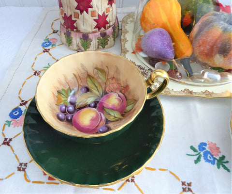 Forest Green Cup And Saucer Aynsley Fruit Center 1960s Burnished Gold Signed D Jones