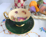 Forest Green Cup And Saucer Aynsley Fruit Center 1960s Burnished Gold Signed D Jones