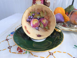 Forest Green Cup And Saucer Aynsley Fruit Center 1960s Burnished Gold Signed D Jones