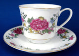 Cup And Saucer Pink Peonies Porcelain Gold Trim 1960s Asian Floral