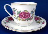 Cup And Saucer Pink Peonies Porcelain Gold Trim 1960s Asian Floral