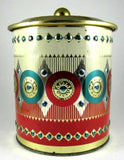 English Tea Tin Embossed Cylinder 1960s Gold Green Red Christmas Colors