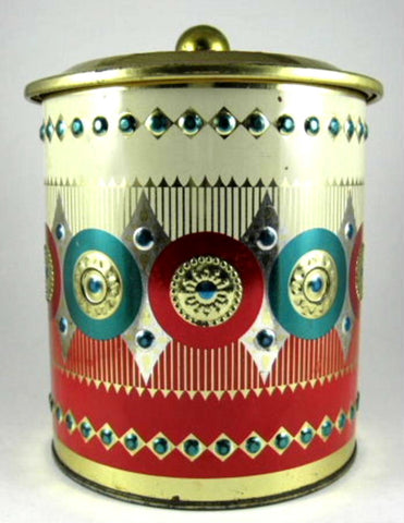 English Tea Tin Embossed Cylinder 1960s Gold Green Red Christmas Colors