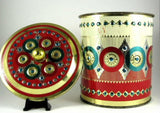 English Tea Tin Embossed Cylinder 1960s Gold Green Red Christmas Colors