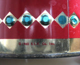 English Tea Tin Embossed Cylinder 1960s Gold Green Red Christmas Colors