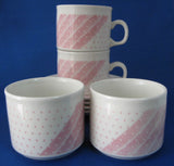 Cup And Saucer Set Of 4 Pink Polka Dots Stripes Shades Churchill 1960-1970s