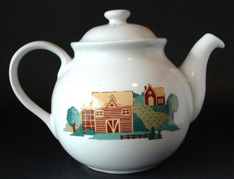 Teapot Corelle Coordinates Farm Landscape Large Tea Pot Barn Fields 1960s
