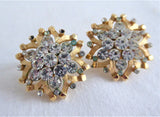 Crown Trifari Rhinestone Clip Earrings 1960s Flower Sunburst Ribbons