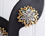 Crown Trifari Rhinestone Clip Earrings 1960s Flower Sunburst Ribbons