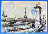Postcard Signed Girard Watercolor Paris Pont Alexandre 1960s Impressionist