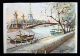 Postcard Signed Artist Delane Watercolor Paris Eiffel Tower 1960s Impressionist