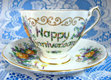 Happy Anniversary Cup And Saucer Princess Anne Flowers Candles 1960s