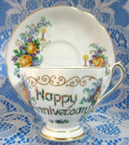 Happy Anniversary Cup And Saucer Princess Anne Flowers Candles 1960s