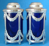 Salt and Pepper 2 Sets Boxed Silver Plate Cobalt Blue Set Of Four Classical Swags