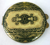 Compact Italian Gold Tooled Leather Green Yellow Gold Vintage Mid Century 1960s