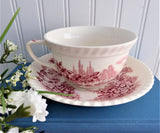 Cup And Saucer Castle On The Lake Pink Red Transferware Johnson Brothers UK 1960s