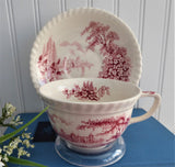Cup And Saucer Castle On The Lake Pink Red Transferware Johnson Brothers UK 1960s