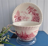 Cup And Saucer Castle On The Lake Pink Red Transferware Johnson Brothers UK 1960s