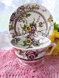 Floral Transferware Cup And Saucer Medway Meakin 1960s Polychrome Ironstone