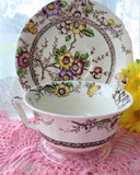 Floral Transferware Cup And Saucer Medway Meakin 1960s Polychrome Ironstone