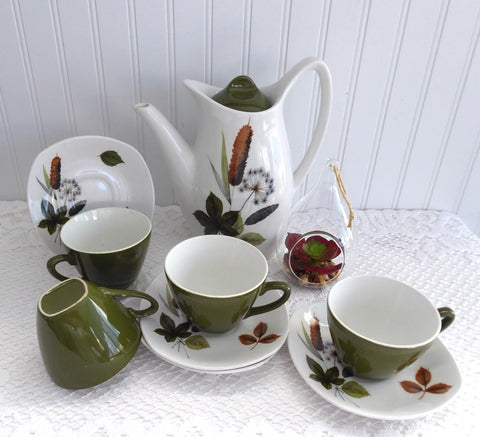After Dinner Coffee Set Midwinter Riverside Forest Green Leaves Pot 4 Cups  And Saucers 1960s