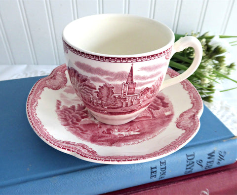 Cup And Saucer Old Britain Castles Pink Transferware Johnson Brothers UK 1960s
