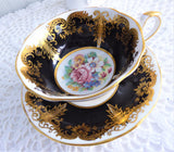 Paragon Cup And Saucer Black Floral Gold Overlay Queen Elizabeth Warrant 1960s