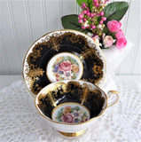 Paragon Cup And Saucer Black Floral Gold Overlay Queen Elizabeth Warrant 1960s