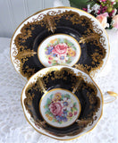 Paragon Cup And Saucer Black Floral Gold Overlay Queen Elizabeth Warrant 1960s