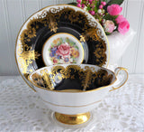 Paragon Cup And Saucer Black Floral Gold Overlay Queen Elizabeth Warrant 1960s
