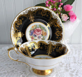 Paragon Cup And Saucer Black Floral Gold Overlay Queen Elizabeth Warrant 1960s