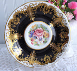 Paragon Cup And Saucer Black Floral Gold Overlay Queen Elizabeth Warrant 1960s