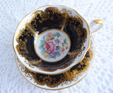 Paragon Cup And Saucer Black Floral Gold Overlay Queen Elizabeth Warrant 1960s