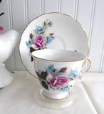 Pink Roses Blue Harebells Queen Anne English Bone China Cup And Saucer 1960s