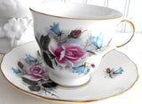 Pink Roses Blue Harebells Queen Anne English Bone China Cup And Saucer 1960s