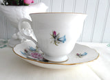Pink Roses Blue Harebells Queen Anne English Bone China Cup And Saucer 1960s