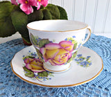 Pink Yellow Rose Cup and Saucer Forget Me Nots Royal Vale English Bone China 1960s