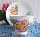 Pink Yellow Rose Cup and Saucer Forget Me Nots Royal Vale English Bone China 1960s