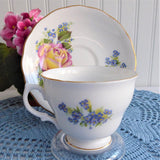 Pink Yellow Rose Cup and Saucer Forget Me Nots Royal Vale English Bone China 1960s