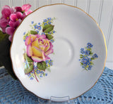 Pink Yellow Rose Cup and Saucer Forget Me Nots Royal Vale English Bone China 1960s