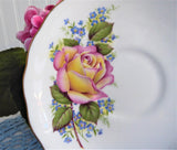 Pink Yellow Rose Cup and Saucer Forget Me Nots Royal Vale English Bone China 1960s