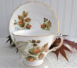 Pretty Currants Nuts Leaves Cup and Saucer Royal Vale English Bone China 1960s Fall Colors