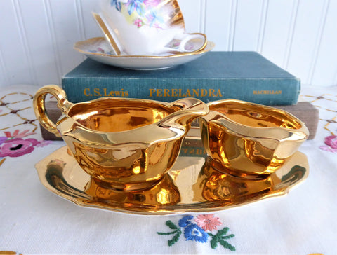 Royal Winton Golden Age Cream And Sugar With Matching Tray 1960s Gold Luster