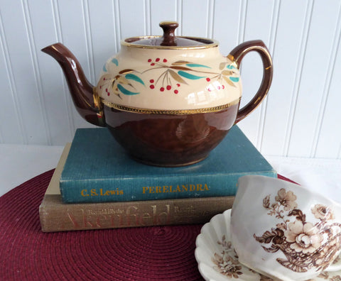 Sadler Fancy Brown Betty Teapot Vintage 1960s England 6 Cups Hand Painted Enamel