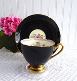 Shelley Shiny Black Ripon Cup and Saucer 1950s Rose And Red Daisy Bead Trim