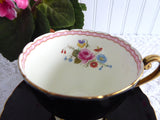 Shelley Shiny Black Ripon Cup and Saucer 1950s Rose And Red Daisy Bead Trim