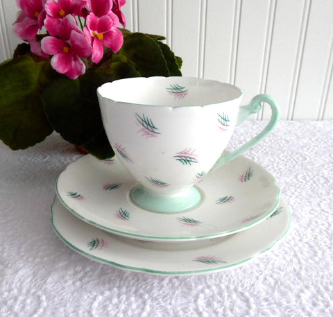 Shelley Teacup Trio Ripon Harmony Seafoam Green Pink Grey Retro Feathers England