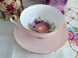 Shelley Pink Fruit Center Cup and Saucer Boston Shape Gold Trim 1960s