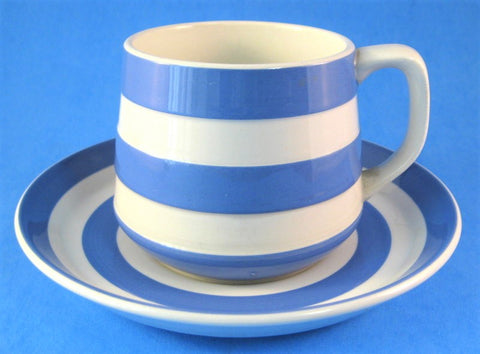 Cup And Saucer Cornishware T G Green Blue and White Stripes 1960s Judith Onions